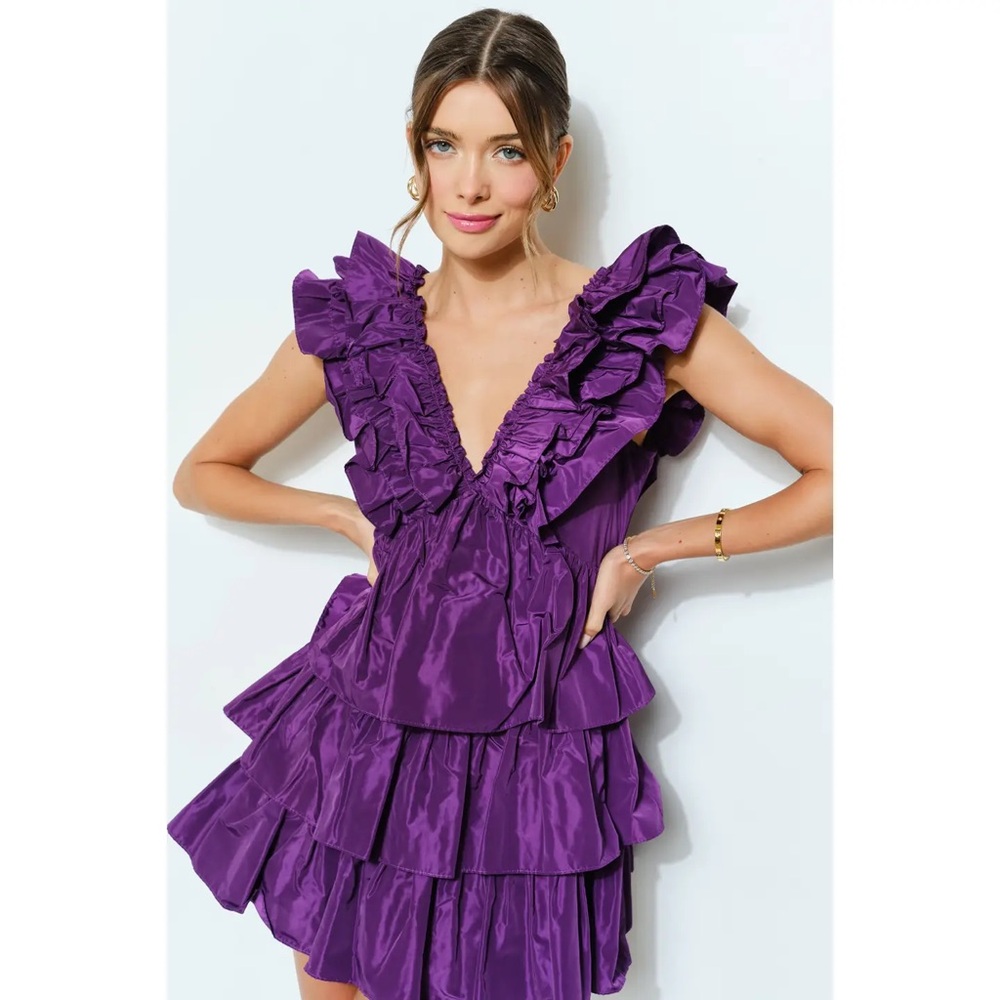 Ruffled Tiered Taffeta Mini Dress